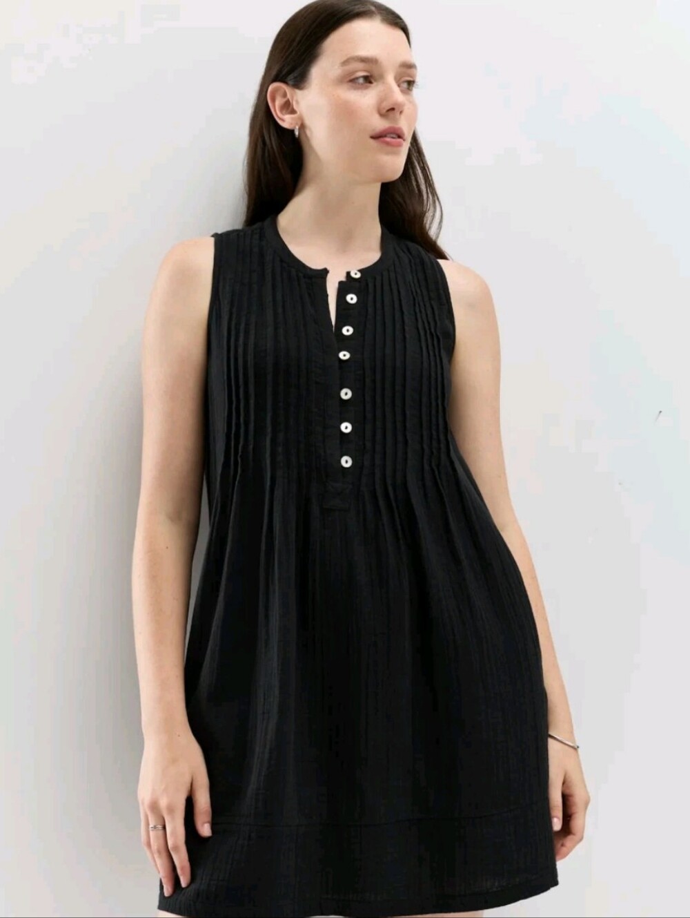 Quince 100% Organic Cotton Gauze Sleeveless Swing Button Dress Pockets Black L